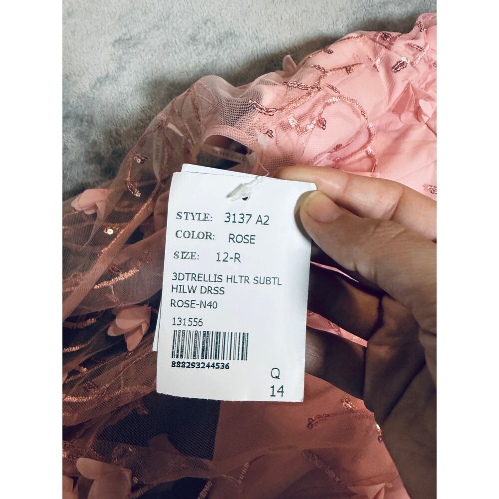 NWT Dessy SHEER HALTER NECK 3D FLORAL EMBROIDERED DRESS HIGH-LOW HEM Pink SZ 12 - Picture 6 of 12